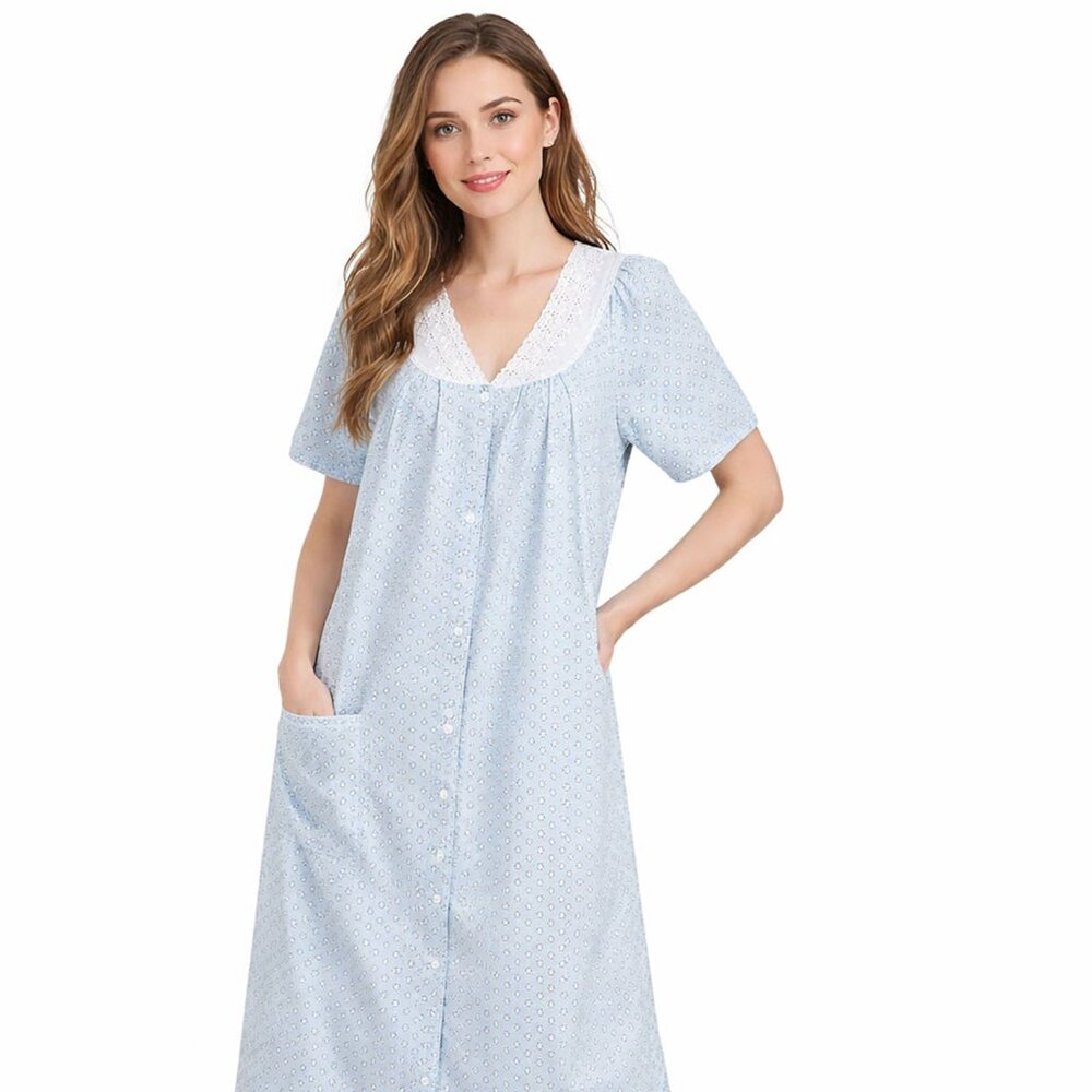 Vintage Midi Night Gown Granny Nighty 80s House Dress Pajamas Lace Blue White